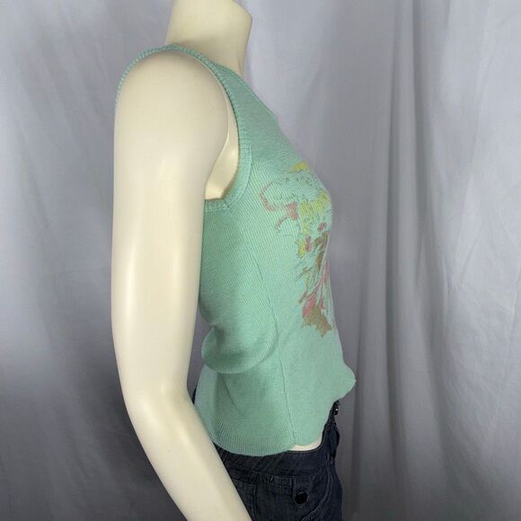 Vintage 1960s Mint Green Novelty Knit Tank Top | Scenic Bicycle Print Sleeveless - Picture 9 of 14